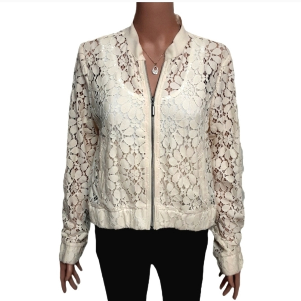 American Rag White Zip Up Lace Jacket Size Large
